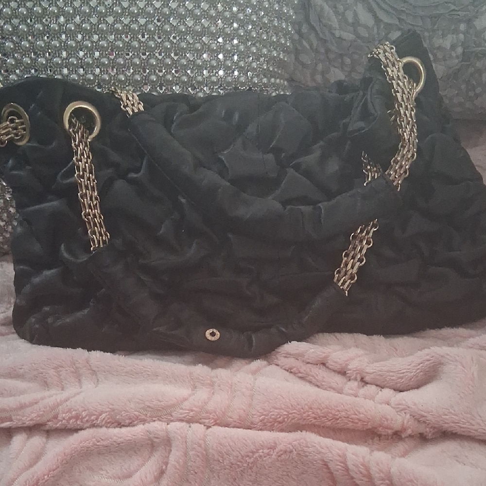 Quilted Italian Leather Black Chain-Handle Shoulder Bag $75